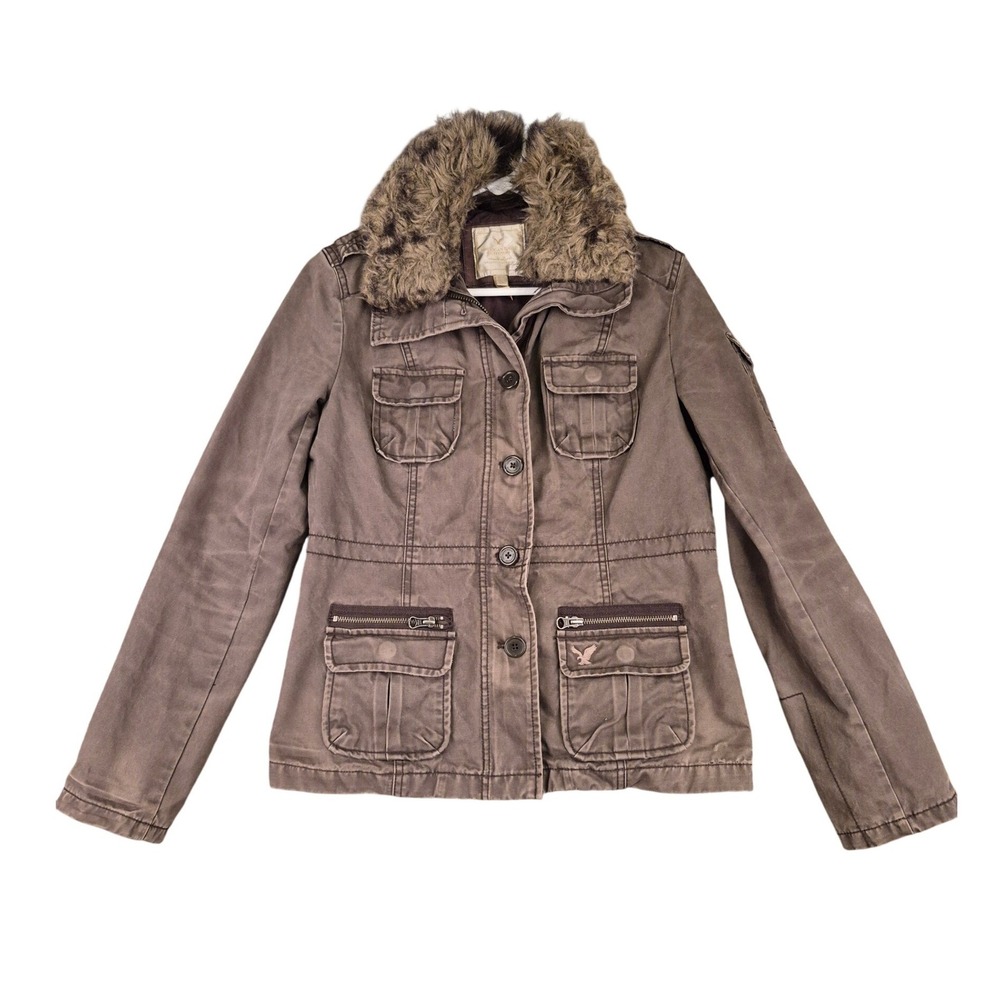 American Eagle Outfitters Womens Brown Utility Jacket Faux Fur Collar Size M Y2K